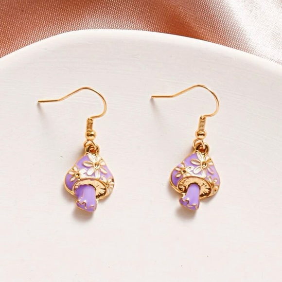 Jewelry - Boho Trendy Purple & Gold Mushroom Dangle Earrings